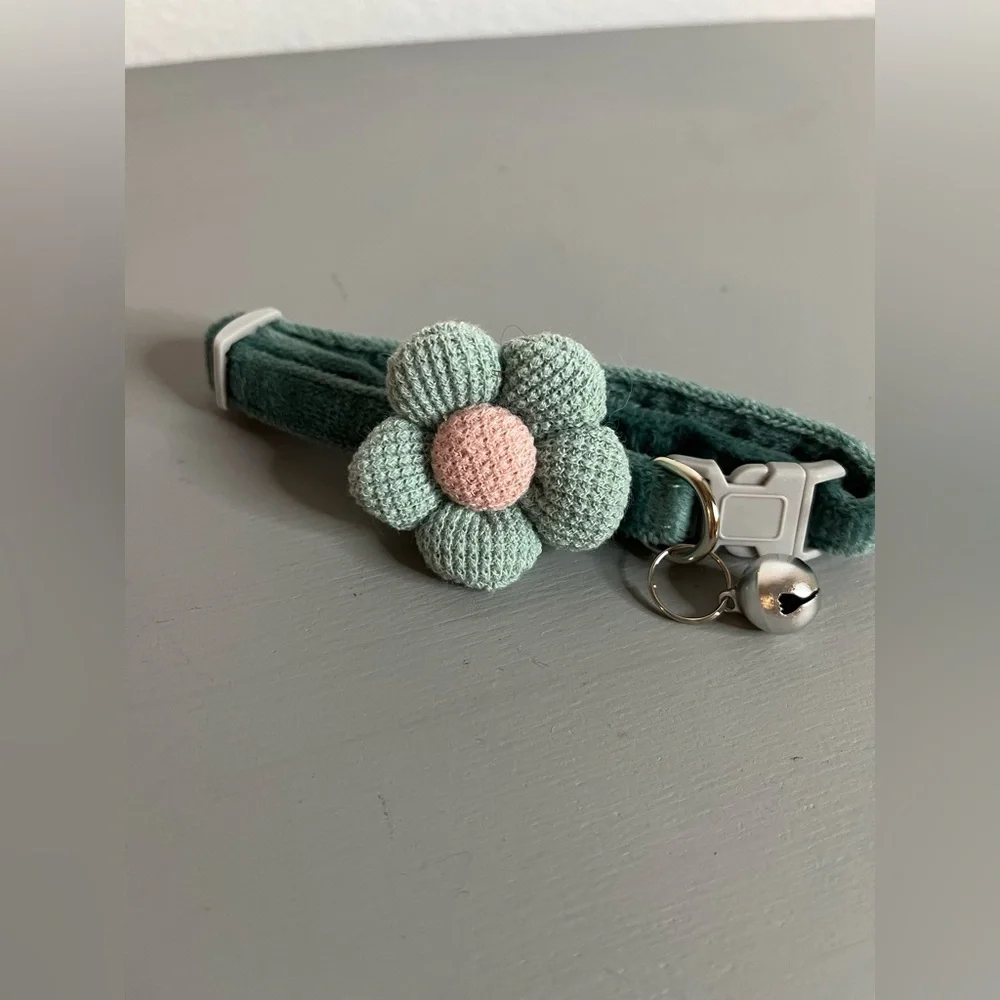 Emerald Green Flower Cat Collar w/ Bell | Soft Velvet Adjustable Breakaway Kitty